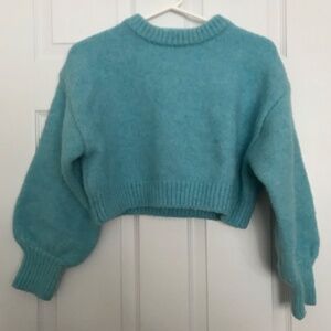 ZARA Cropped Balloon Long Sleeve Crew Neck Sweater S Aqua Blue